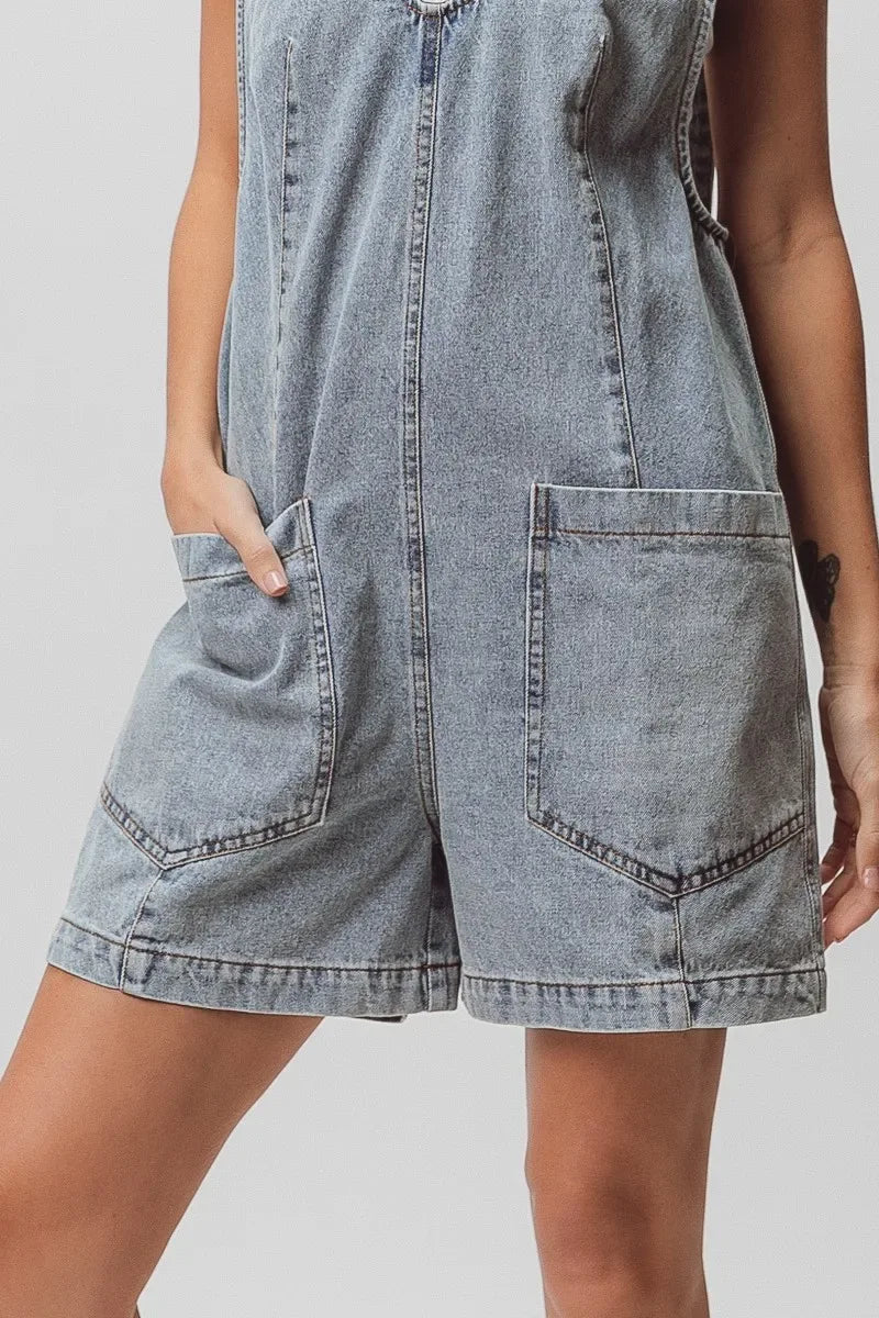 BiBi Patch Vintage Washed Denim Shortall - Makw Official Site