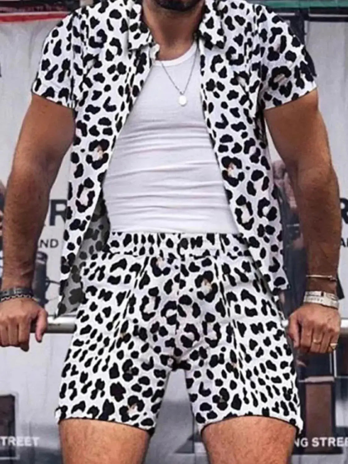 Men's Full Size Leopard Button Up Shirt and Shorts Set Plus Size - Makw Official Site