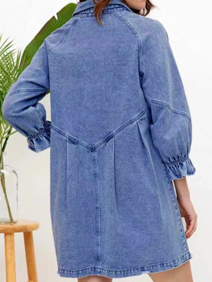 Ruffled Cuff Button-Down Denim Dress - Makw Official Site