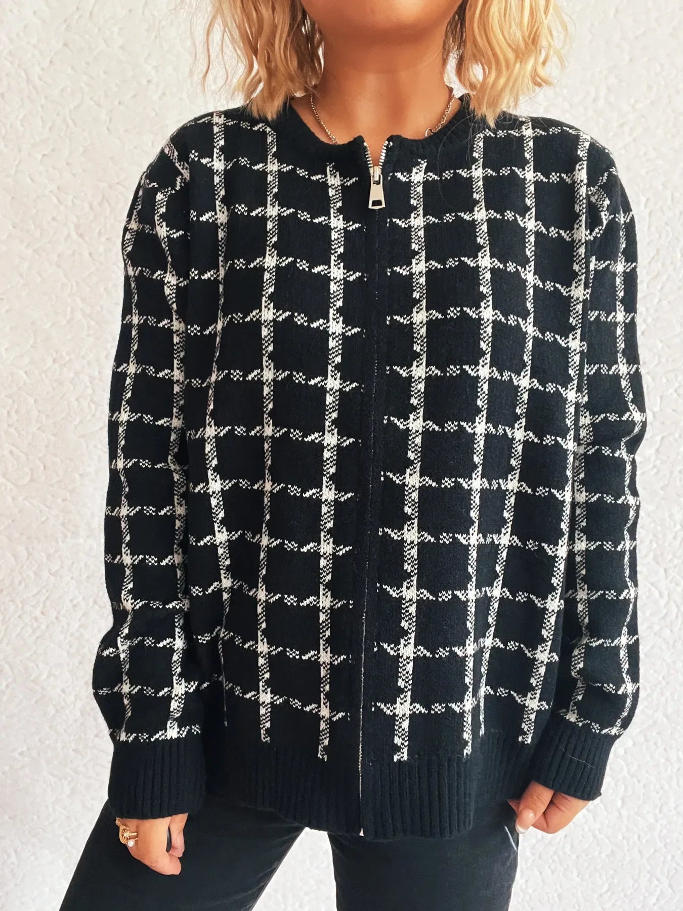 Plaid Pattern Zip Up Cardigan - Makw Official Site