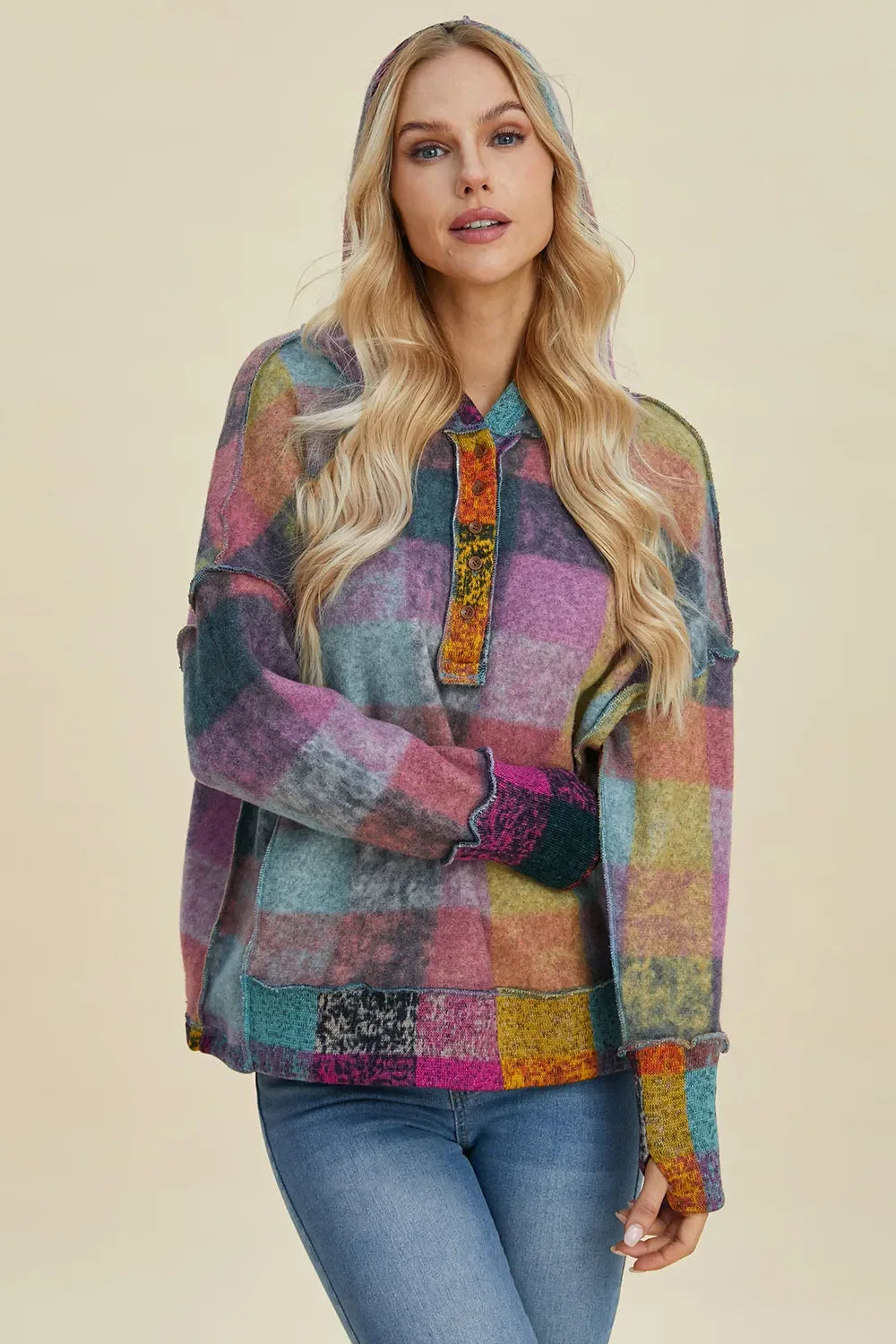 Double Take Full Size Plaid Dropped Shoulder Fleece Hoodie - Makw Official Site