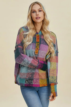 Double Take Full Size Plaid Dropped Shoulder Fleece Hoodie - Makw Official Site