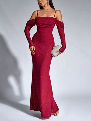 Glitter Ruched Long Sleeve Mermaid Maxi Dress - Makw Official Site