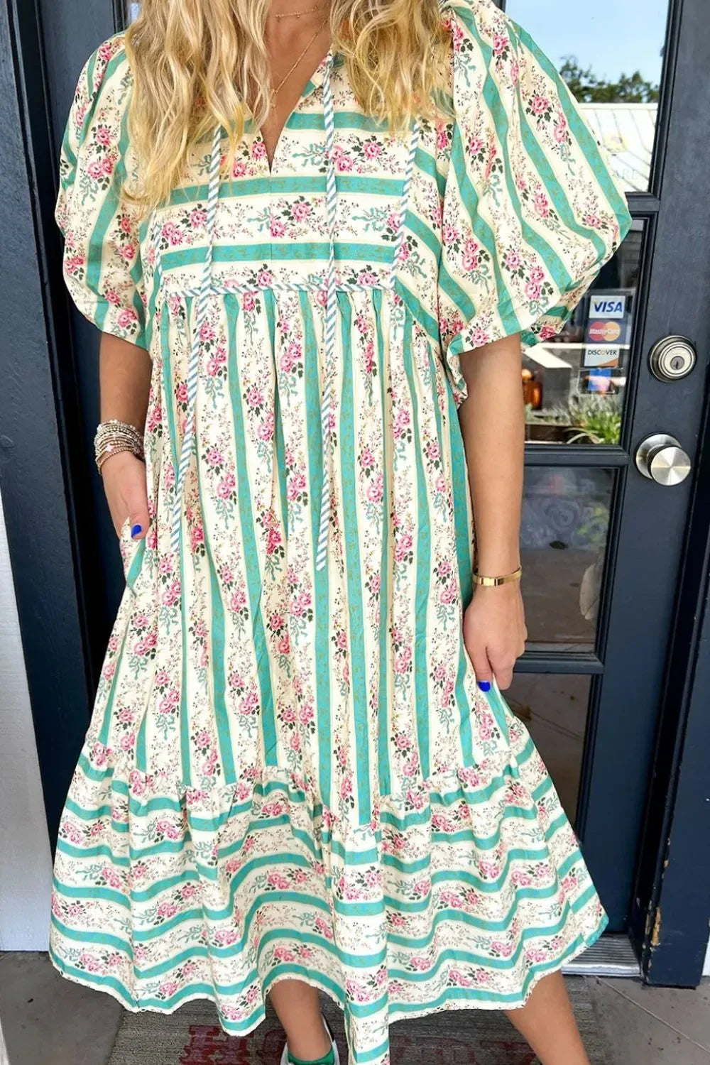 Striped Floral Print Tie Neck Puff Sleeve Midi Dress - Makw Official Site