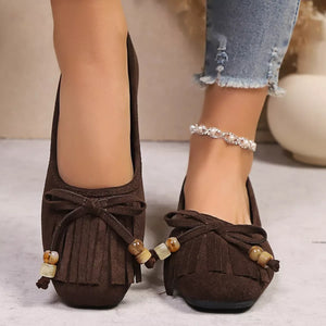 Suede Fringe Slip-Ons - Makw Official Site