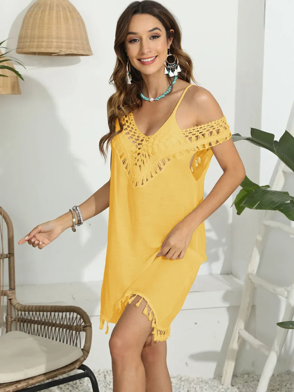 Tassel Scoop Neck Wide Strap Cover-Up - Makw Official Site