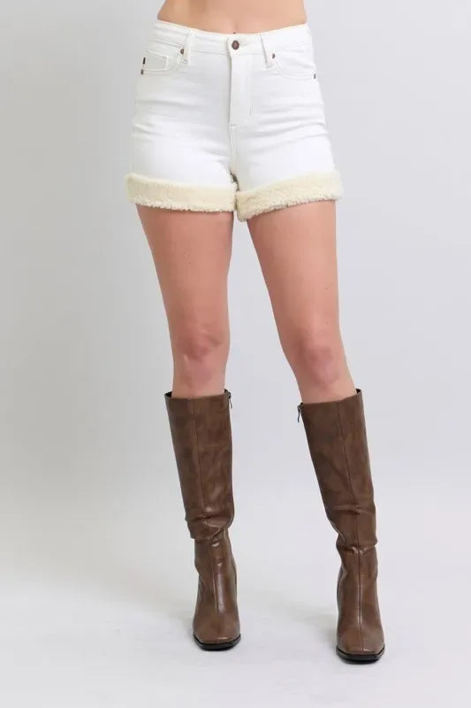 Judy Blue Full Size High Waist Shearling Cuff Denim Shorts Plus Size - Makw Official Site