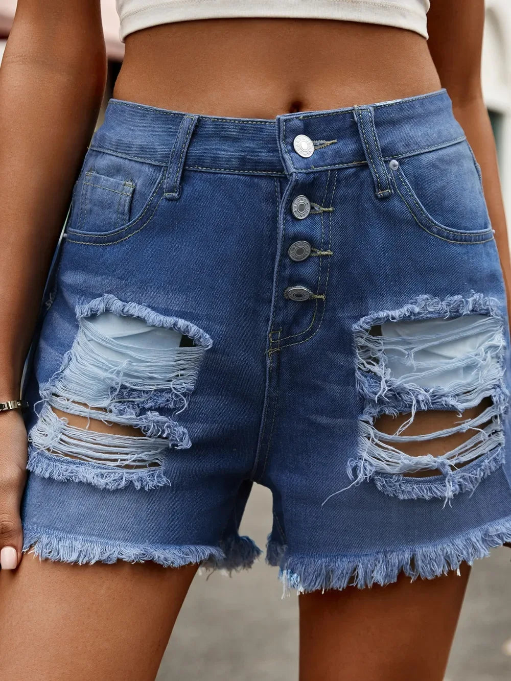 Distressed Raw Hem Denim Shorts - Makw Official Site