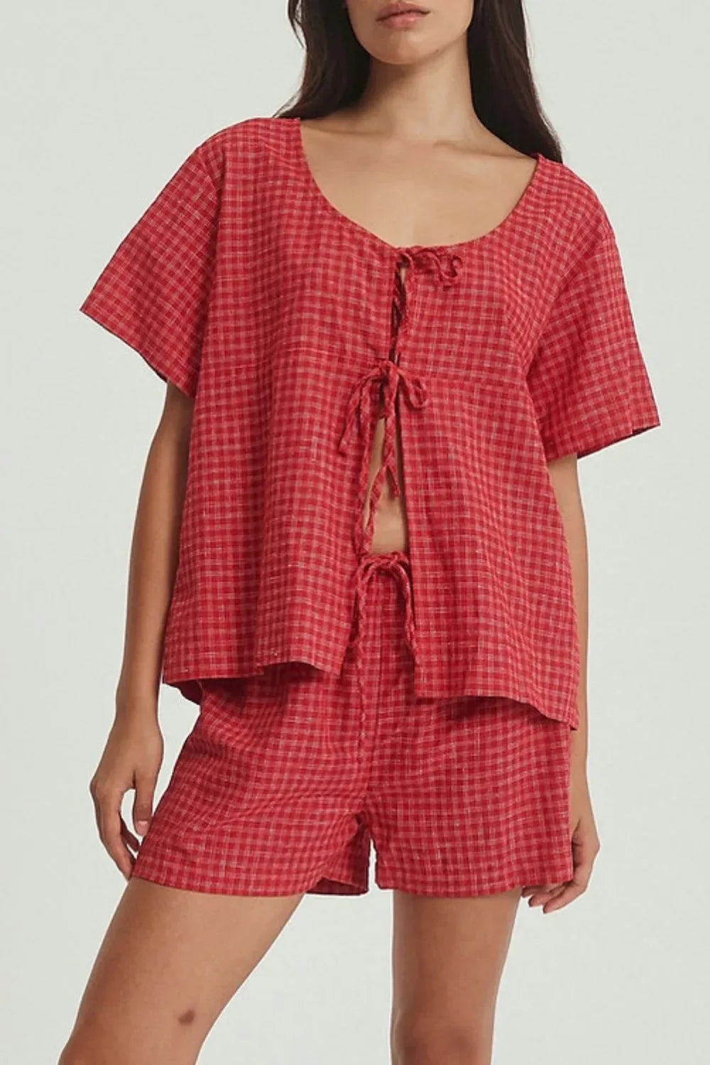 Plaid Tied Scoop Neck Short Sleeve Top and Drawstring Shorts Set - Makw Official Site