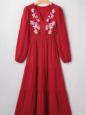 Contrast Embroidered Detail Cinched Waist Tiered Long Sleeve Maxi Dress - Makw Official Site