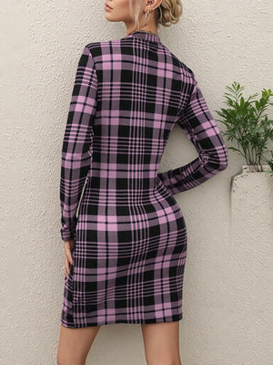 Long Sleeve Plaid Bodycon Mini Dress - Makw Official Site