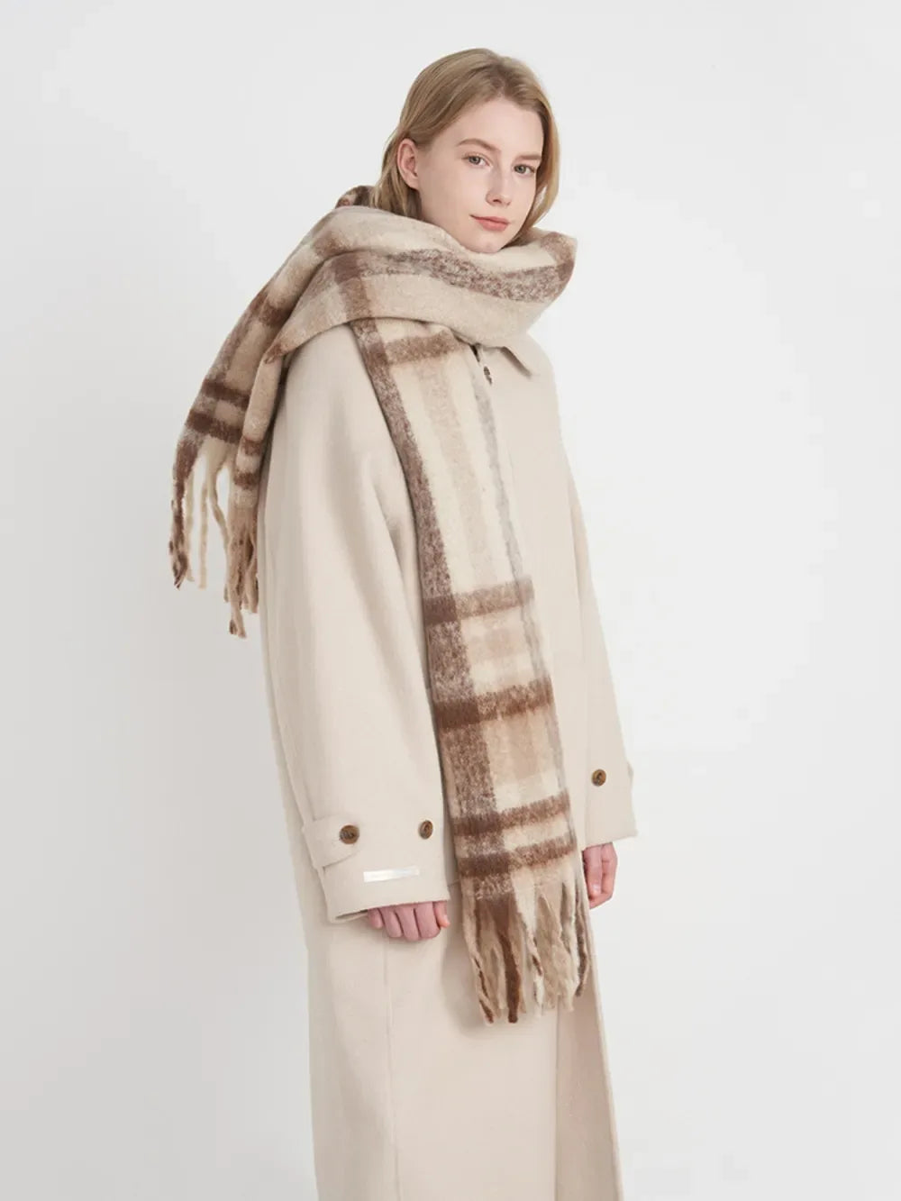 Fringe Plaid Polyester Scarf - Makw Official Site