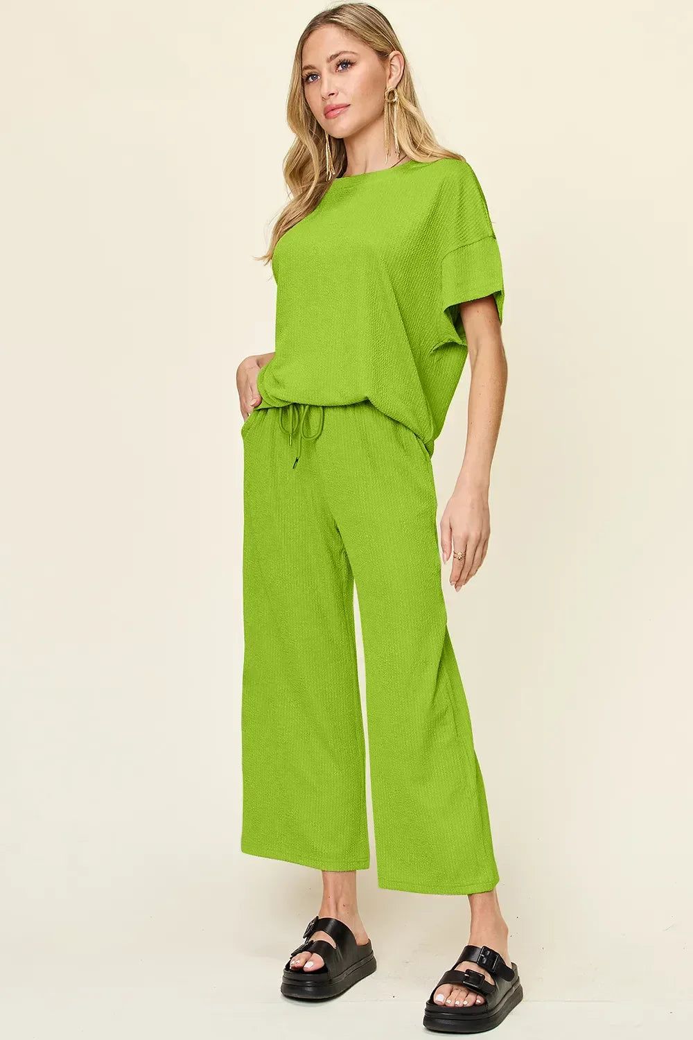 Double Take Full Size Texture Round Neck Short Sleeve T-Shirt and Wide Leg Pants - Makw Official Site