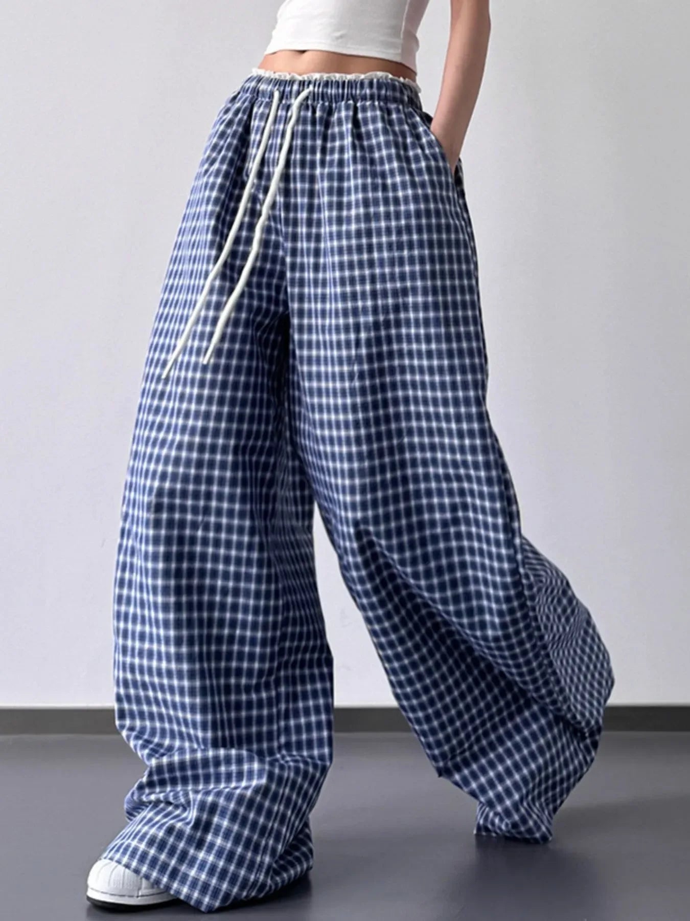 Drawstring Plaid Wide Leg Pants - Makw Official Site