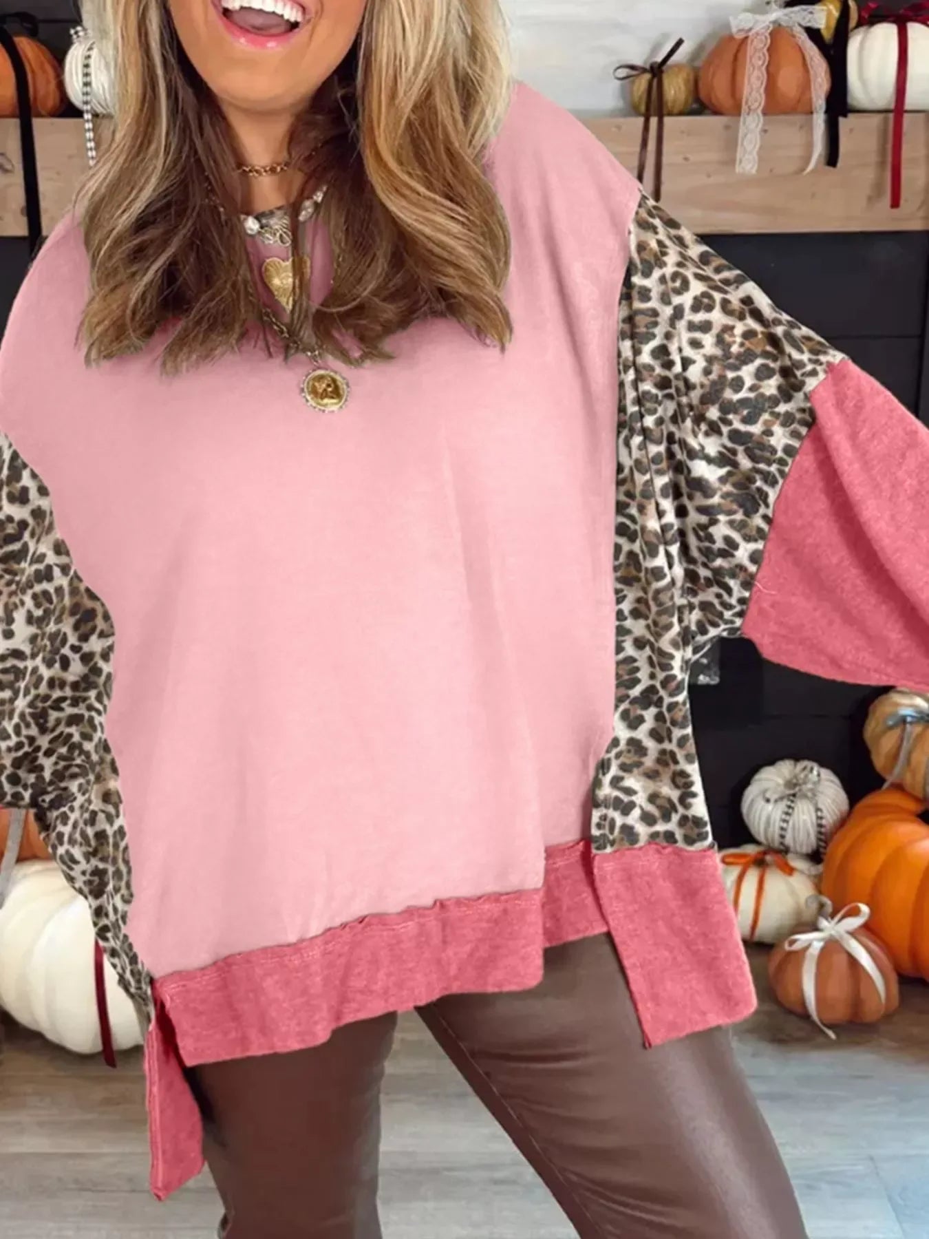 Color Block Leopard Round Neck Sweatshirt - Makw Official Site