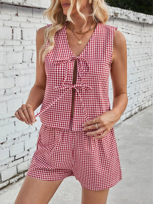 Gingham Print Tie Front Top and Shorts Set - Makw Official Site