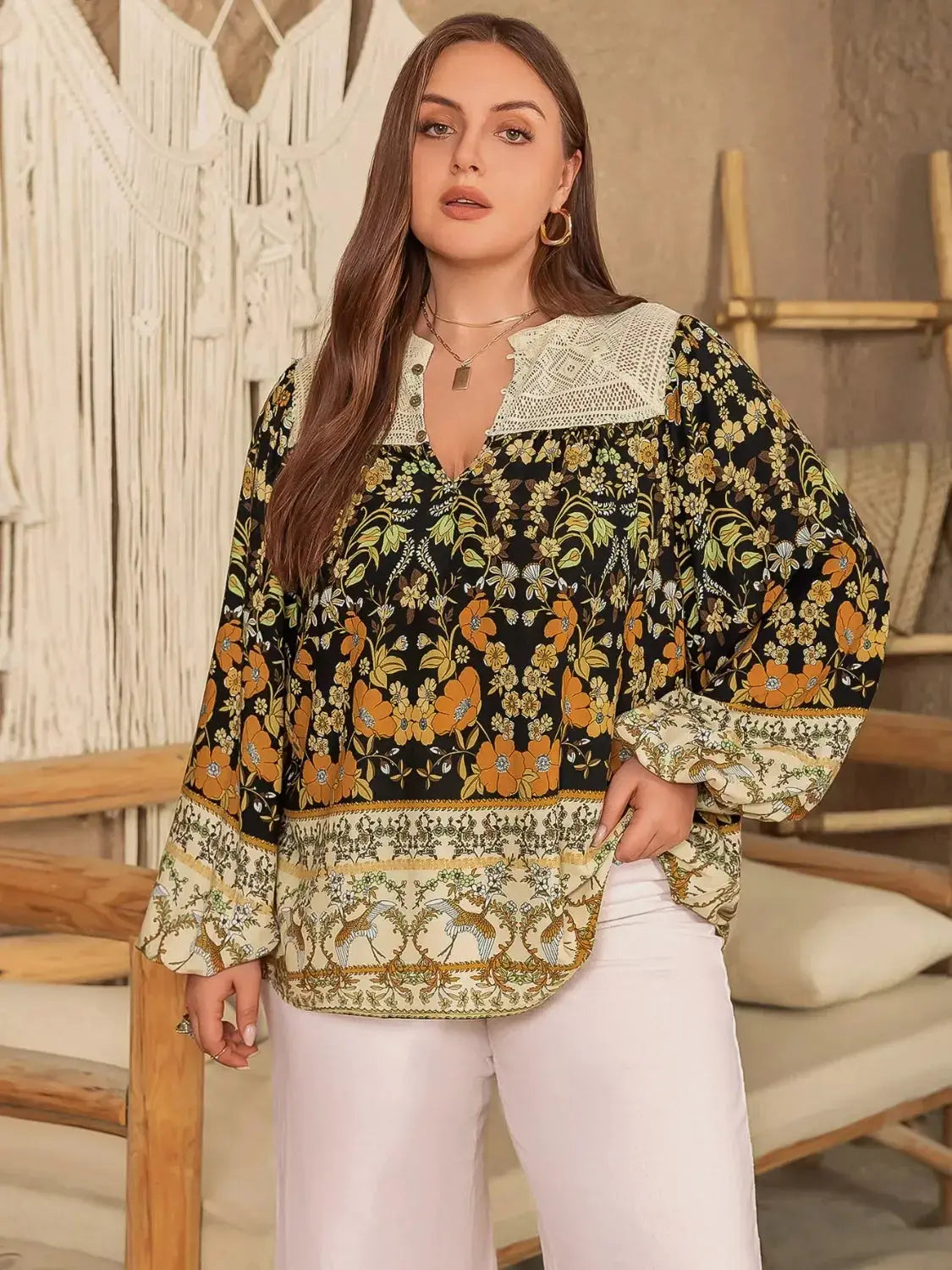 Plus Size Floral Print Notched Blouse - Makw Official Site