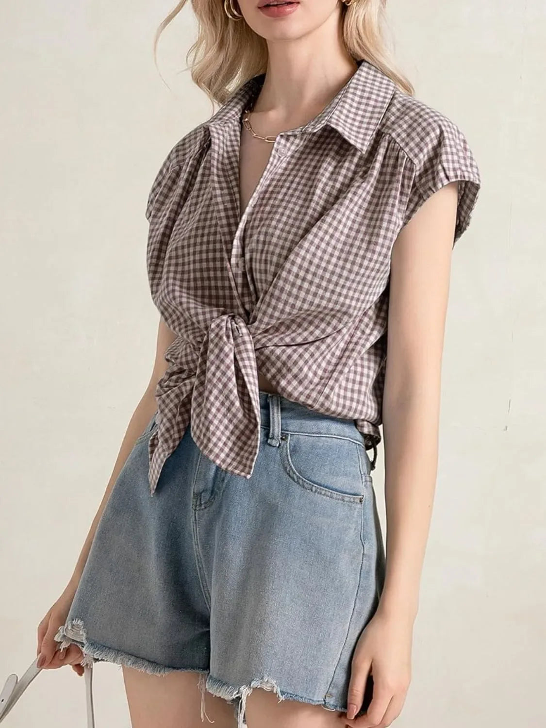 Plaid Button Up Cap Sleeve Shirt - Makw Official Site
