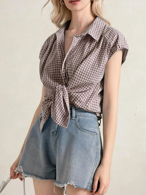 Plaid Button Up Cap Sleeve Shirt - Makw Official Site