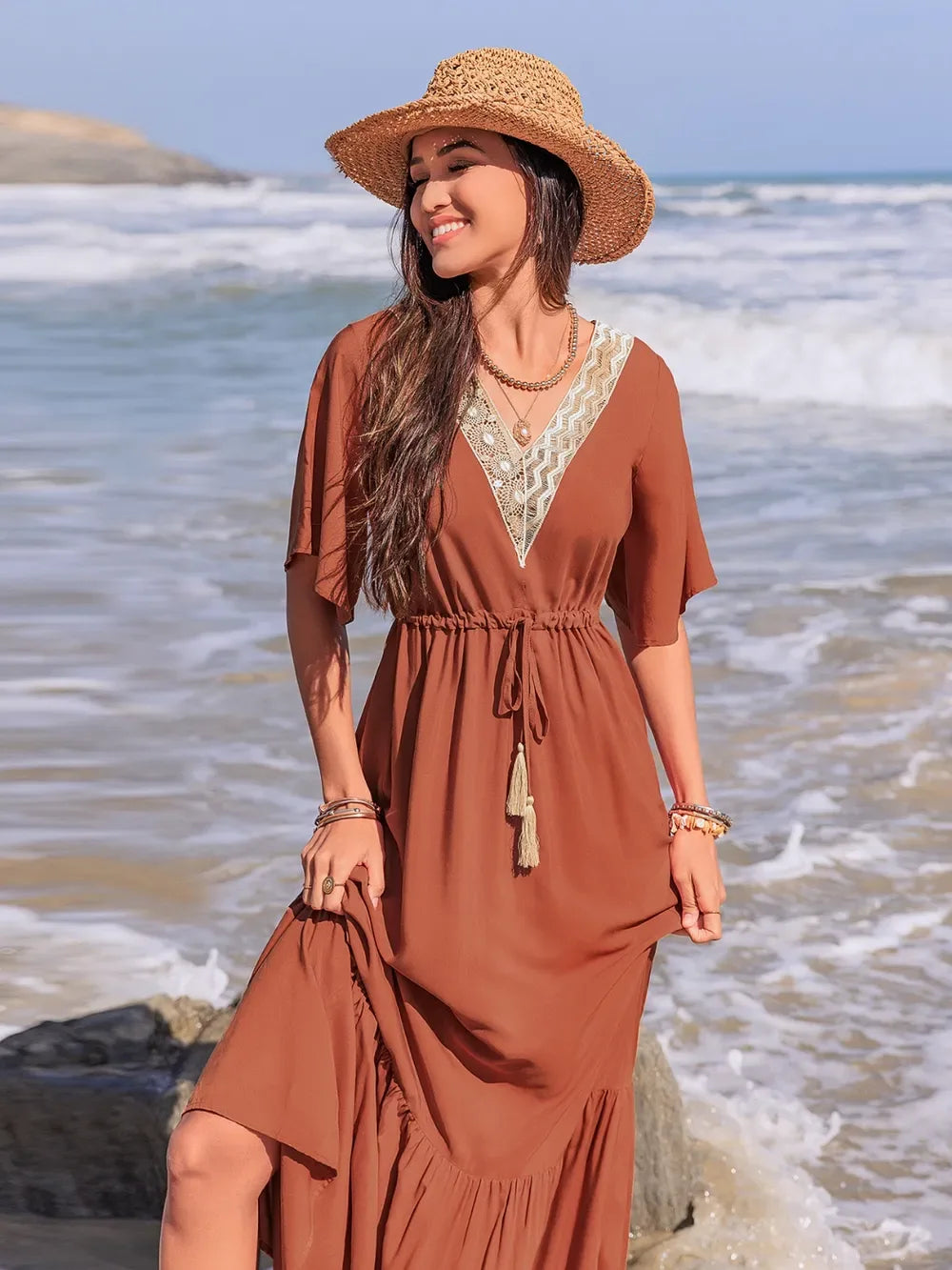 Ruffled Tassel V-Neck Flutter Sleeve Dress - Makw Official Site