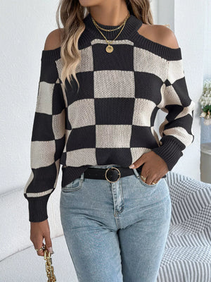 Cold Shoulder Checkered Long Sleeve Sweater - Makw Official Site