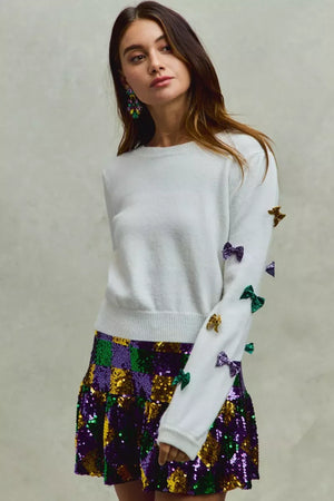 SO ME Mardi Gras Glitter Bow Ribbon Sweater Knit Top - Makw Official Site