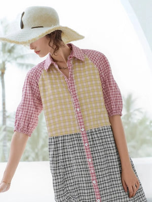 Colorful Mixed Gingham Shirt Dress - Makw Official Site