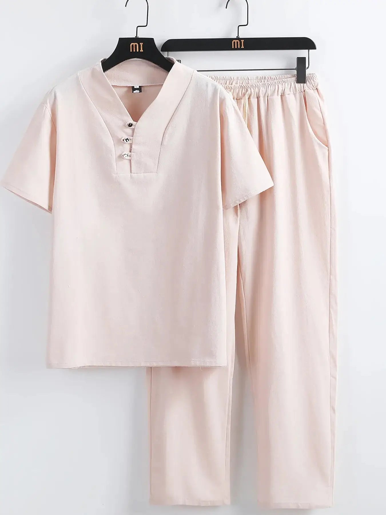 Men's Plus Size V-Neck Short Sleeve Top and Pants Set - Makw Official Site