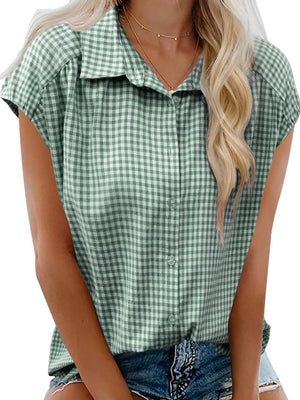 Plaid Button Up Cap Sleeve Shirt - Makw Official Site