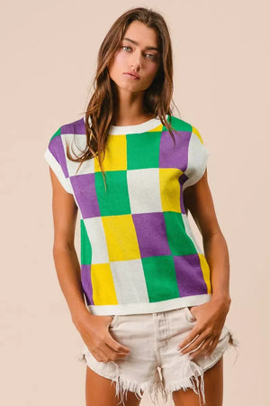 BiBi Mardi Gras Checker Pattern Sleeveless Sweater Top - Makw Official Site