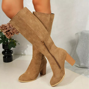 Point Toe Knee-High Suede Block Heel Boots - Makw Official Site