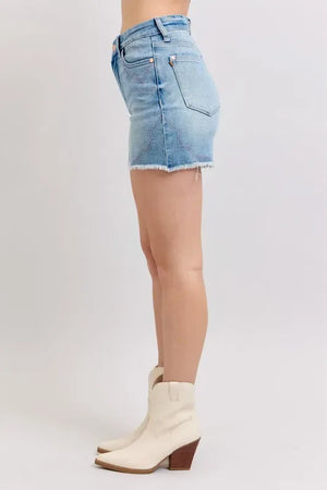 Judy Blue Full Size High Waist Western Embroidery Detail Cut Off Denim Shorts Plus Size - Makw Official Site