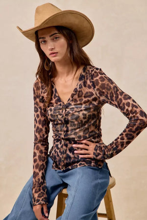 BiBi Leopard Printed Mesh Shirt With Button Up V Neck - Makw Official Site