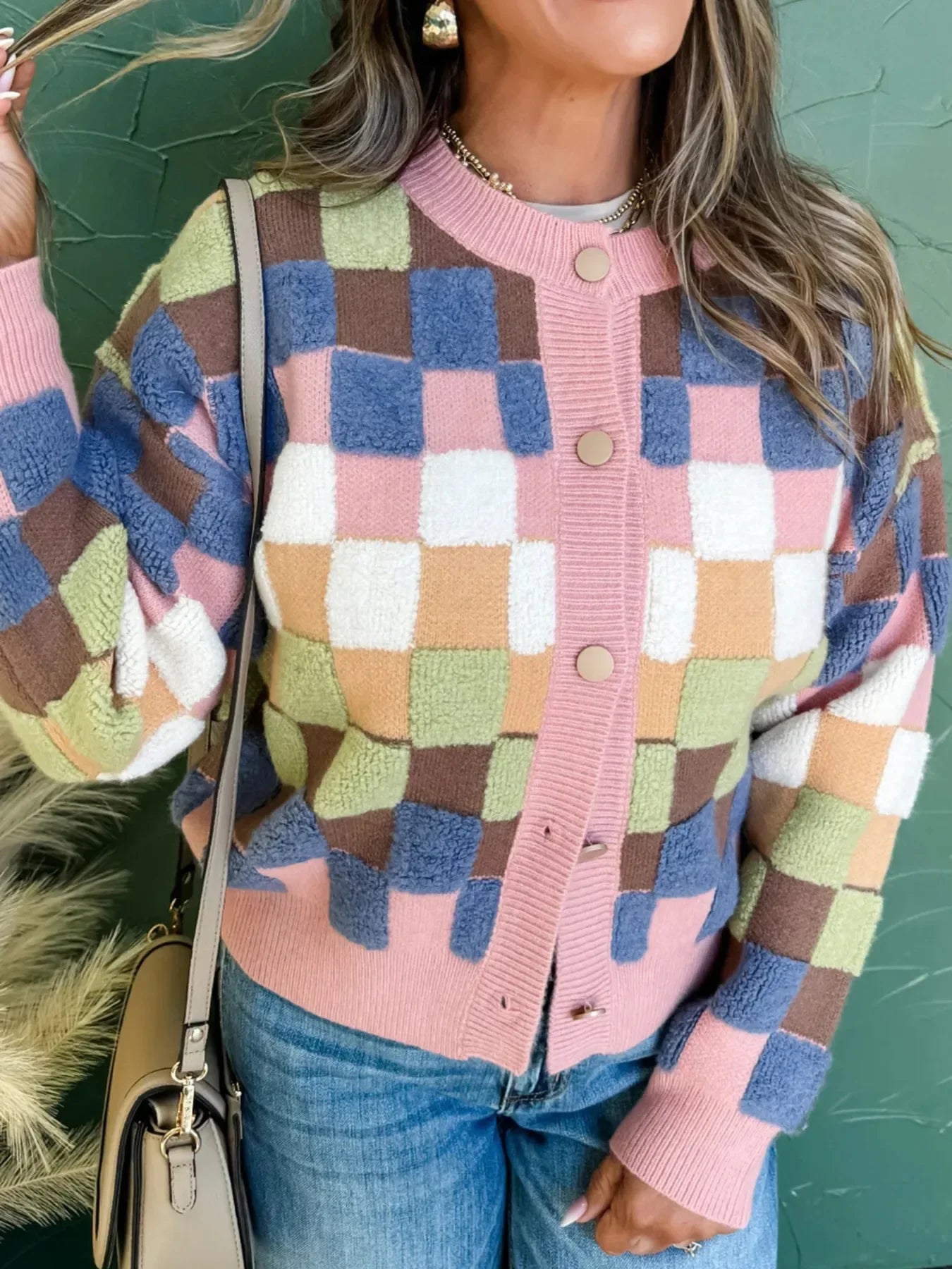 Checkered Pattern Button Front Cardigan - Makw Official Site