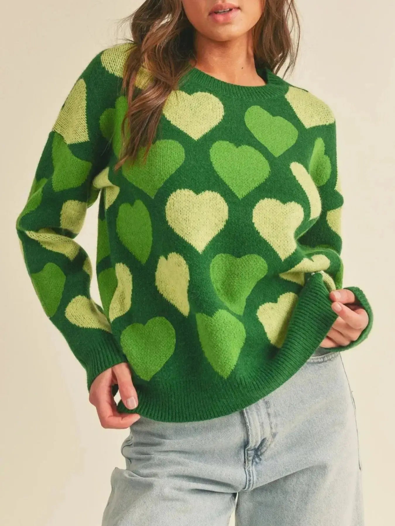 Heart Ribbed Hem Long Sleeve Sweater - Makw Official Site