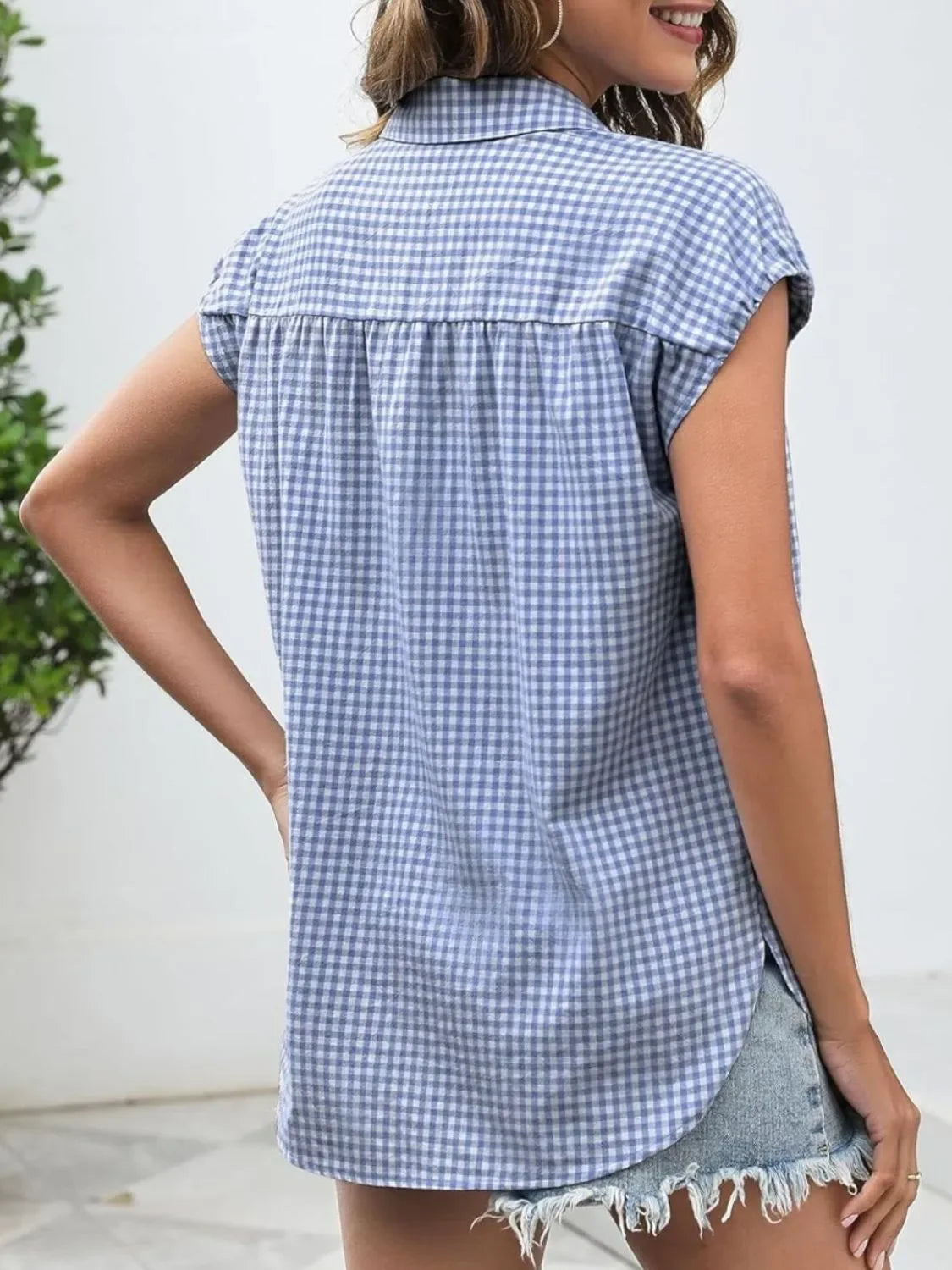 Plaid Button Up Cap Sleeve Shirt - Makw Official Site