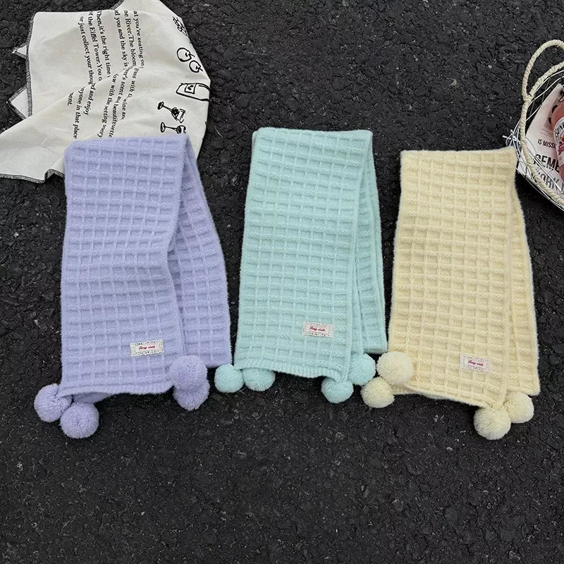 Waffle Knit Pom-Pom Scarf - Makw Official Site