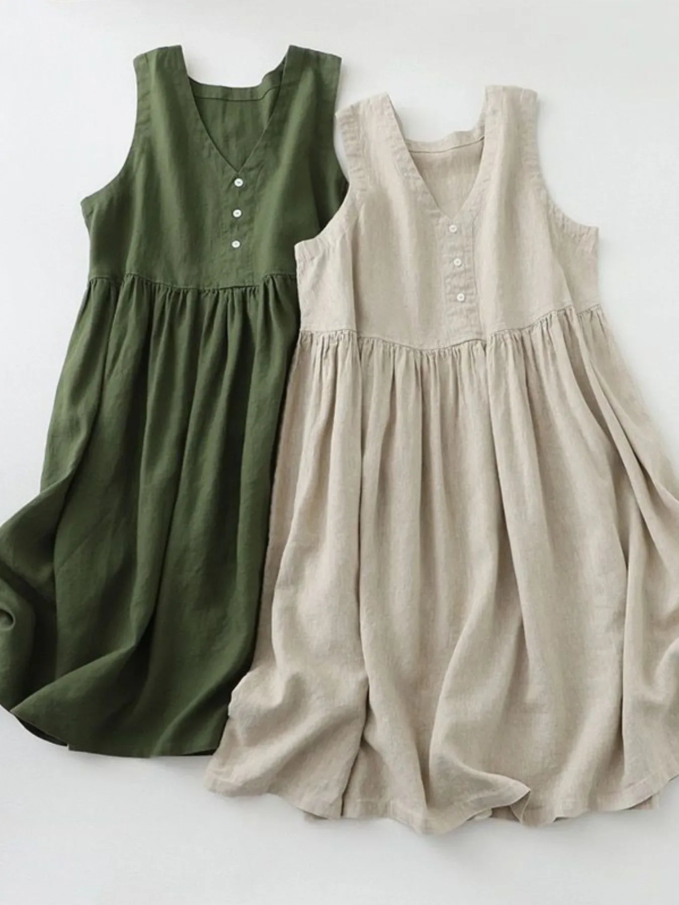 V-Neck Button Detail Sleeveless Midi Dress - Makw Official Site