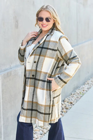 Double Take Full Size Plaid Button Up Lapel Collar Coat - Makw Official Site