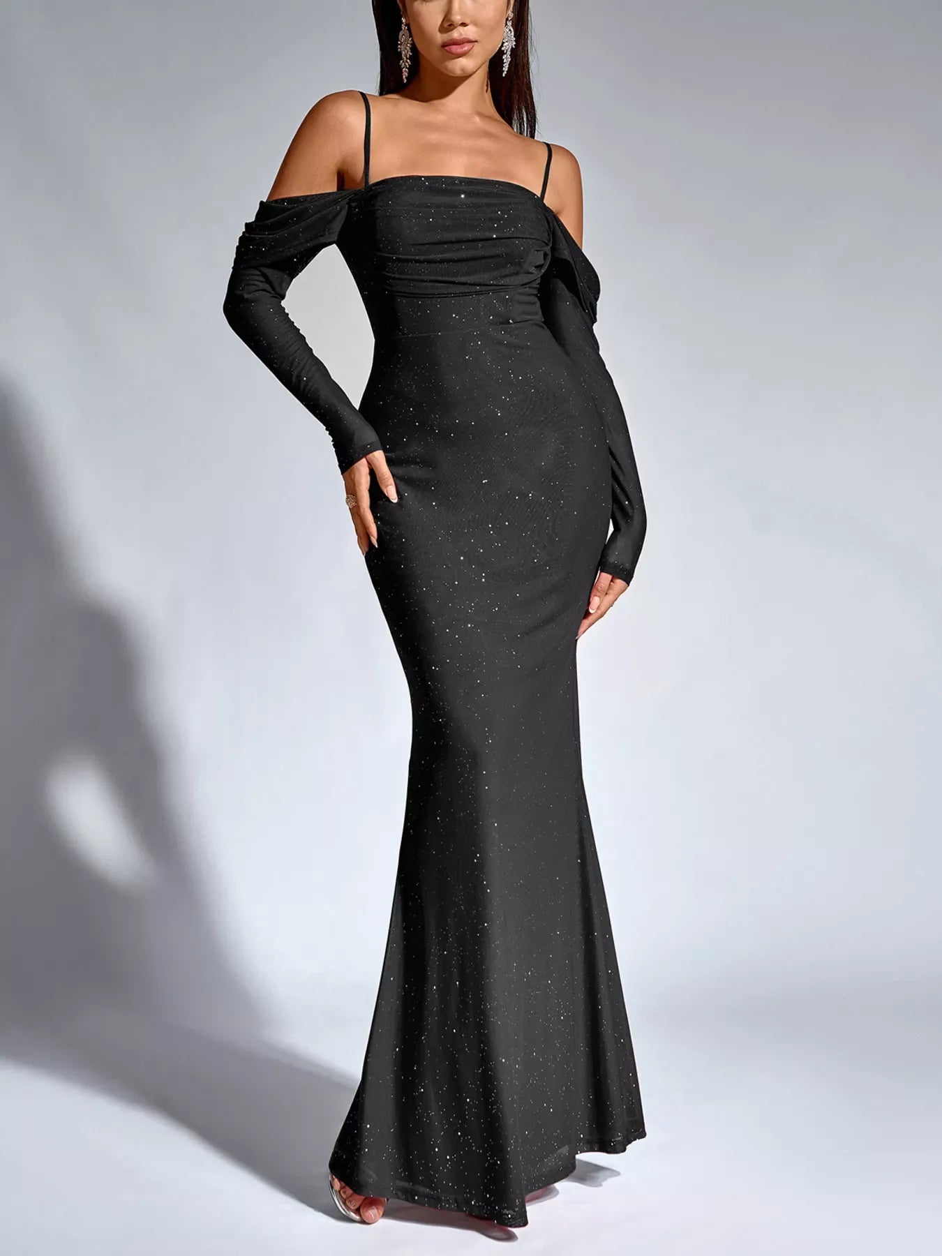 Glitter Ruched Long Sleeve Mermaid Maxi Dress - Makw Official Site