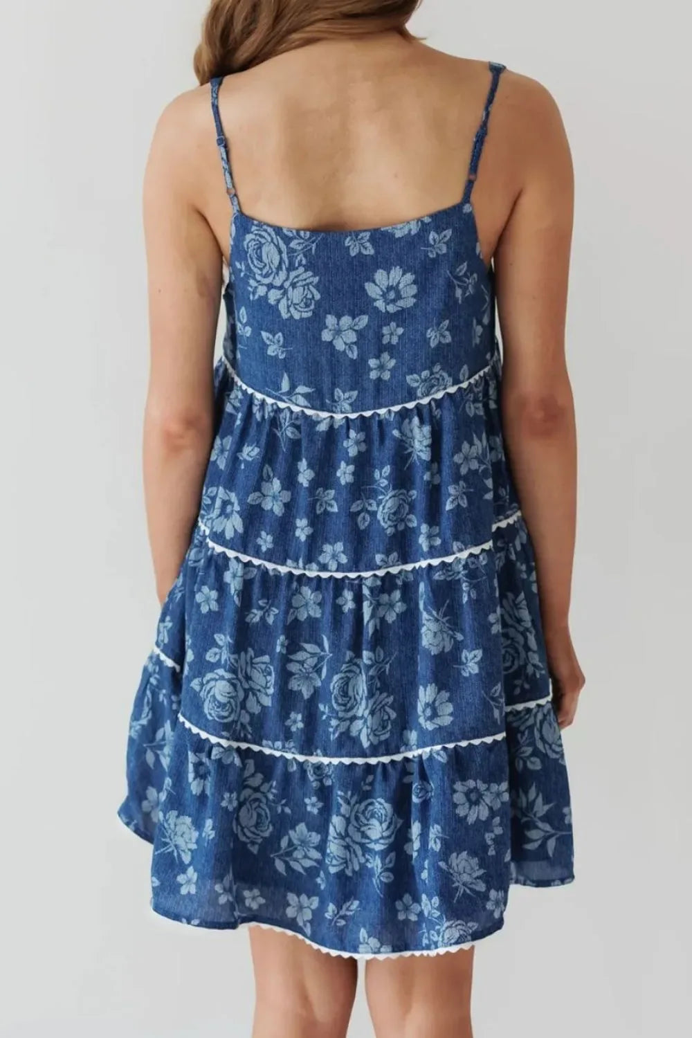 Floral Tiered Square Neck Denim Dress - Makw Official Site