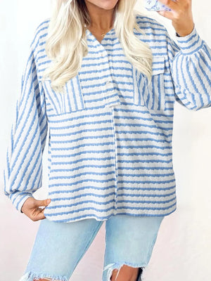 Stripe Half Button Collared Chest Pockets Loose Fit Blouse - Makw Official Site