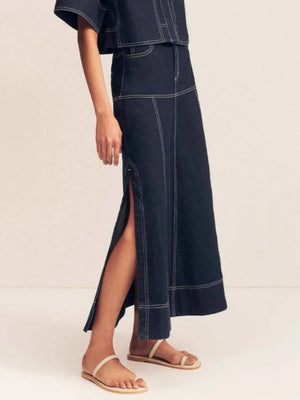 High-Waist Side Slit Contrast Stitch Denim Maxi Skirt - Makw Official Site