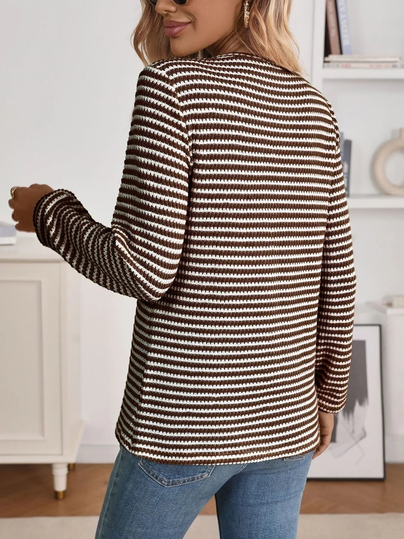 Striped Button Detail Long Sleeve Top - Makw Official Site