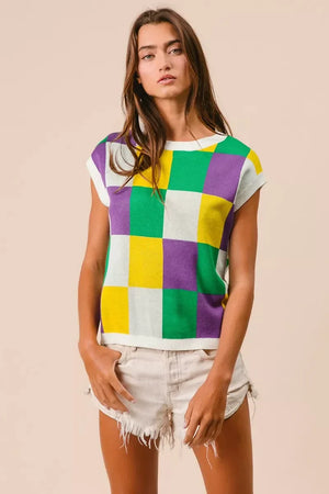 BiBi Mardi Gras Checker Pattern Sleeveless Sweater Top - Makw Official Site