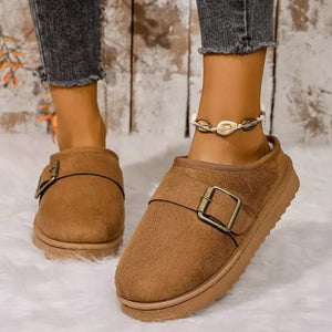 Buckle Decor Plush Lined Warm Slippers - Makw Official Site