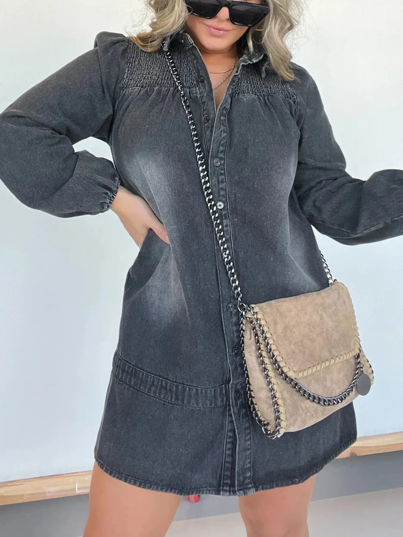 Full Size Button Front Long Sleeve Denim Dress Plus Size - Makw Official Site