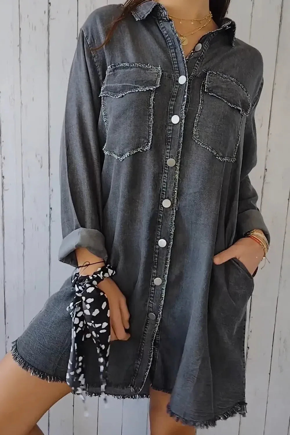 Full Size Pocketed Button Up Long Sleeve Denim Jacket - Makw Official Site