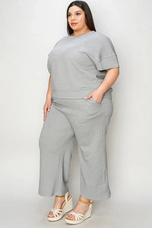Double Take Full Size Texture Short Sleeve Top and Pants Set - Makw Official Site