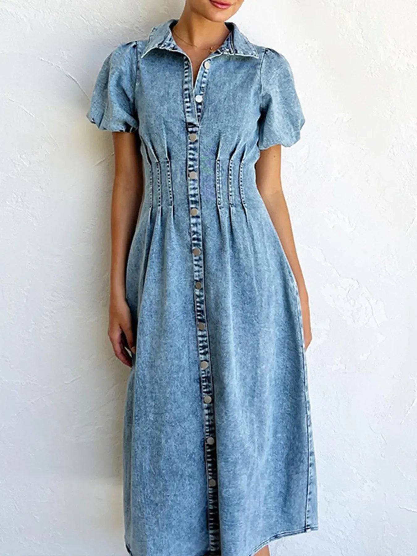 Puff Sleeve Button Front Denim Midi Dress - Makw Official Site